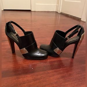 Shoe boot, open back, black and gold, size 8, 4 inch heel